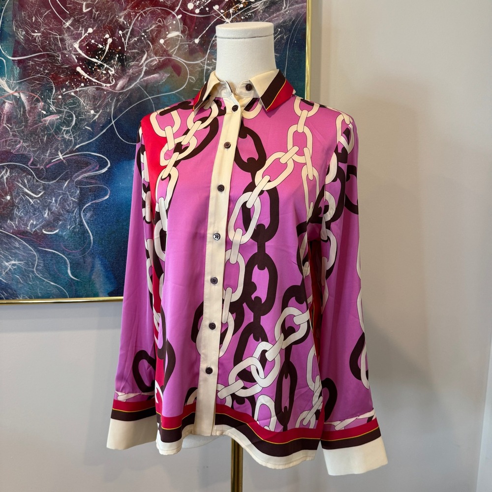 Rachel Zoe Pink Chain Link Print Button Down Blouse XS NWT
